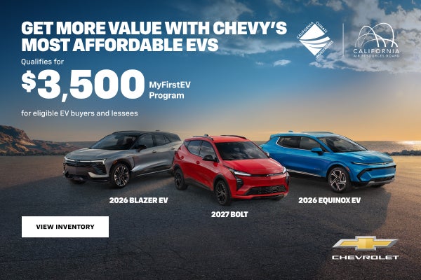 Get More Value With Chevy's Most Affordable EVs. Qualifies for $3,500 MyFirstEV Program for eligi...